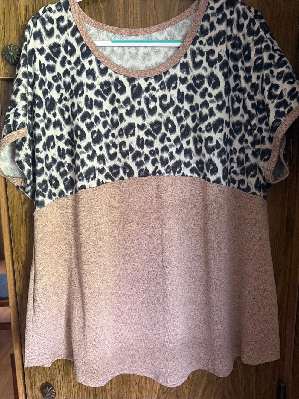 SHEIN Blush Pink and Black Leopard Colorblock Short Sleeve Tee